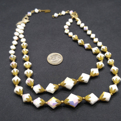 White Crystal Fire Polished Two Strand Necklace, Golden Brass End Caps, 1950s Vintage Jewelry