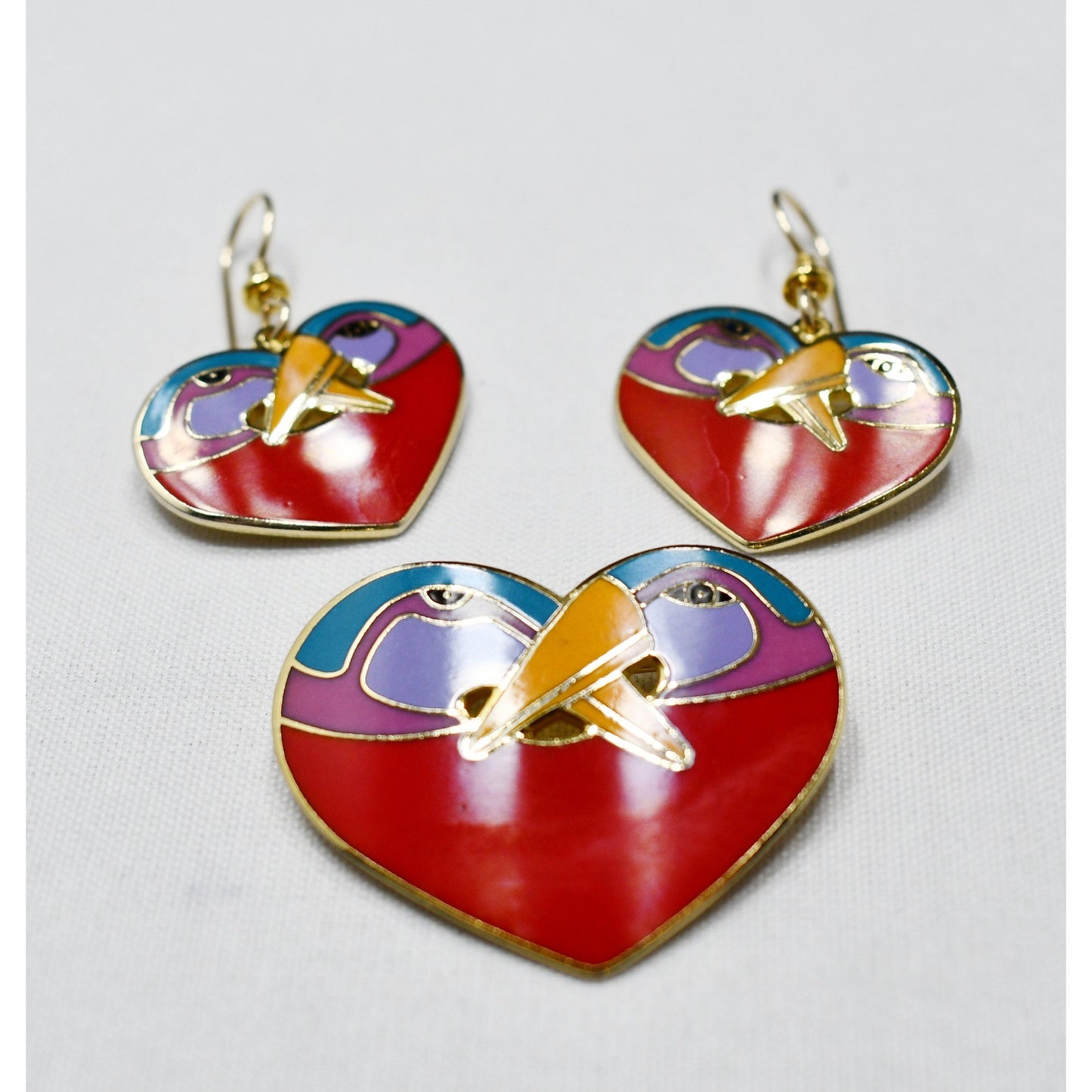 Laurel Burch "Bird Heart" Red Brooch & Earrings, Gold Plated Cloisonne Enamel, 1980s Vintage Jewelry