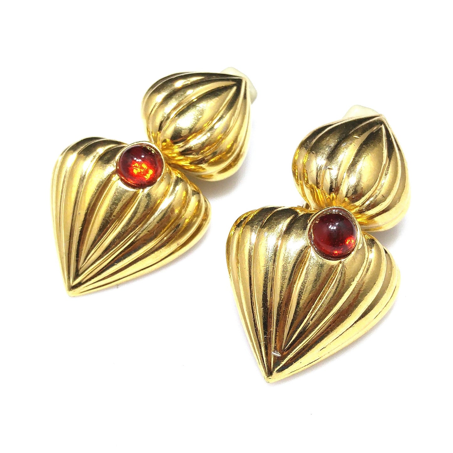 Vintage CINER Heart Drop Earrings, Red Cabochon, Gold Plated, 1980s
