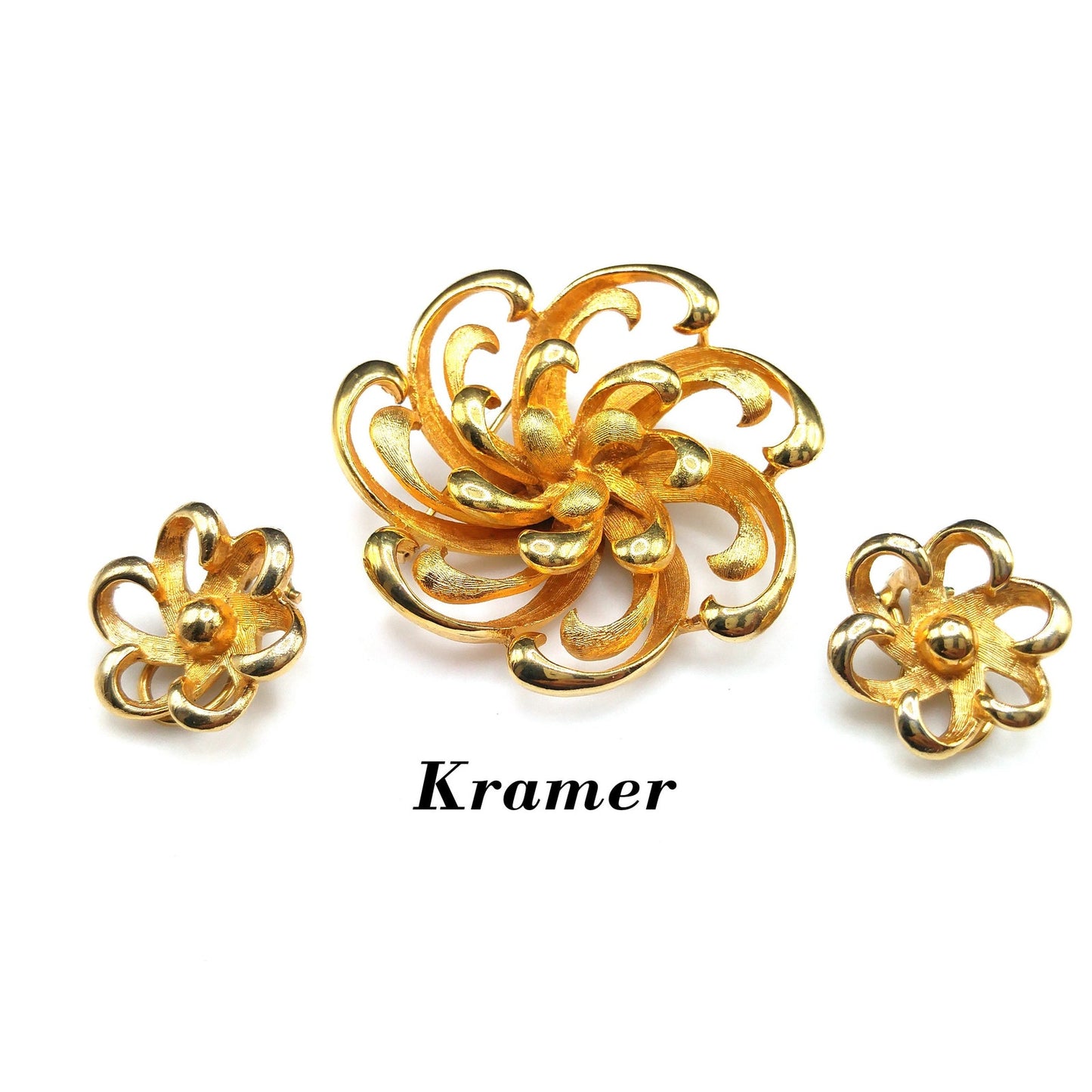 Kramer Floral Brooch & Clip Earrings, Gold Plated, 1960s Vintage Jewelry