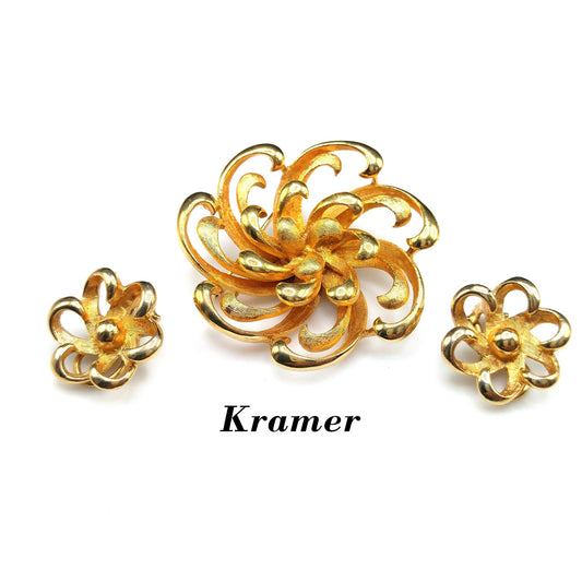 Kramer Floral Brooch & Clip Earrings, Gold Plated, 1960s Vintage Jewelry