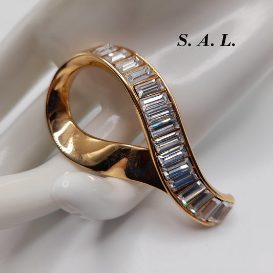 Swarovski Baguette Rhinestone Brooch, Signed S. A. L., Gold Plated, 1960s Vintage Jewelry