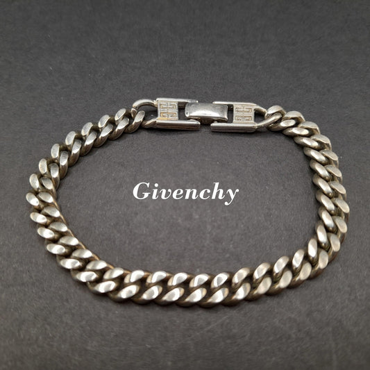 Givenchy Curb Chain Bracelet, Rhodium Plated, 7 3/4 Inches, 1980s Vintage Jewelry