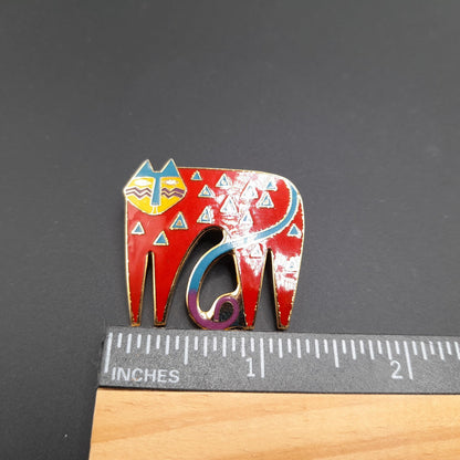 Laurel Burch "Miyo" Red Cat Brooch, Cloisonne Enamel, Gold Plated, 1980s Vintage Jewelry