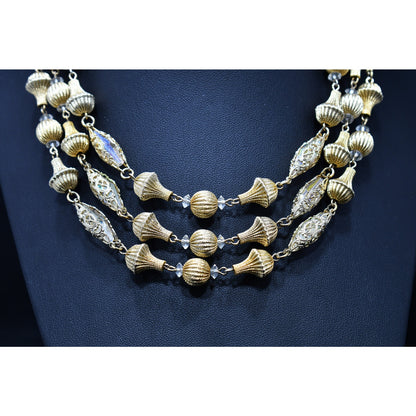 Vendome Gold Tone Crystal Beaded Necklace, 3 Strands, 1950s Vintage