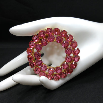 Pink Rhinestone Round Brooch, Gold Plated, Open Back Stones, 1960s Vintage Jewelry