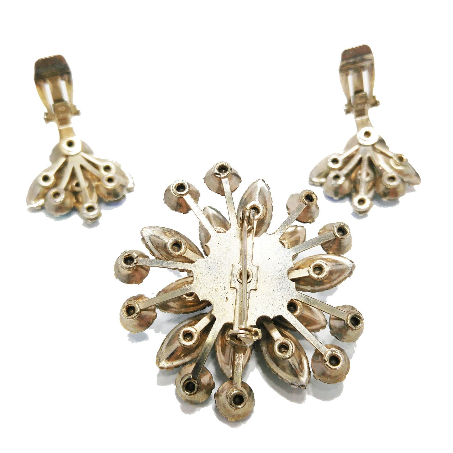Mid-Century Green Rhinestone Flower Brooch & Earrings, Aurora Borealis, 1950s