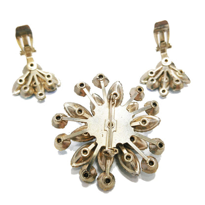 Mid-Century Green Rhinestone Flower Brooch & Earrings, Aurora Borealis, 1950s