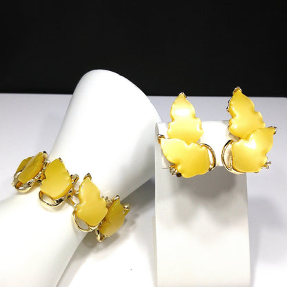 Yellow Thermoset Leaves Bracelet & Earrings, Gold Plated, Ear Climbers, 1960s Vintage Jewelry