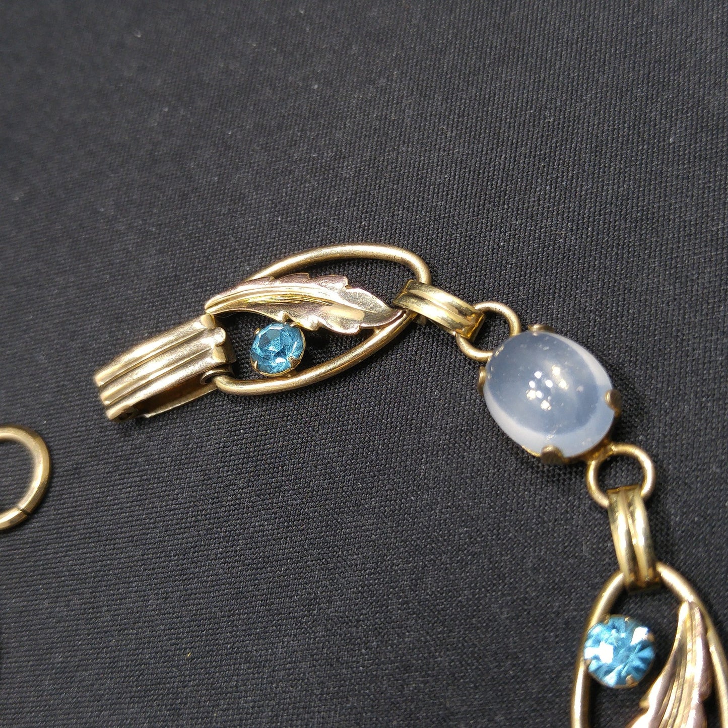 Van Dell 12K Gold Over Sterling Leaves Bracelet, Faux Moonstones, Blue Rhinestones, 1940s Vintage Jewelry