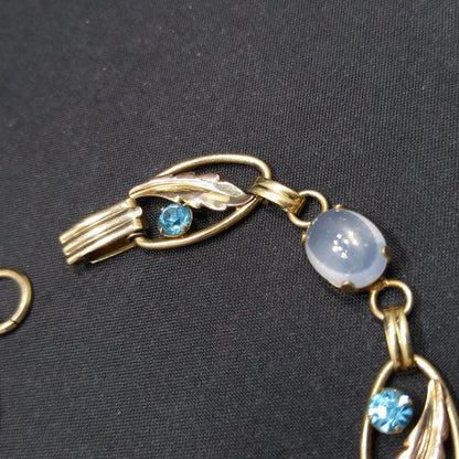 Van Dell 12K Gold Over Sterling Leaves Bracelet, Faux Moonstones, Blue Rhinestones, 1940s Vintage Jewelry