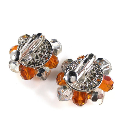 Vendome Beaded Clip Earrings, Orange Silver Clear Crystal Beads, 1960s Vintage Jewelry