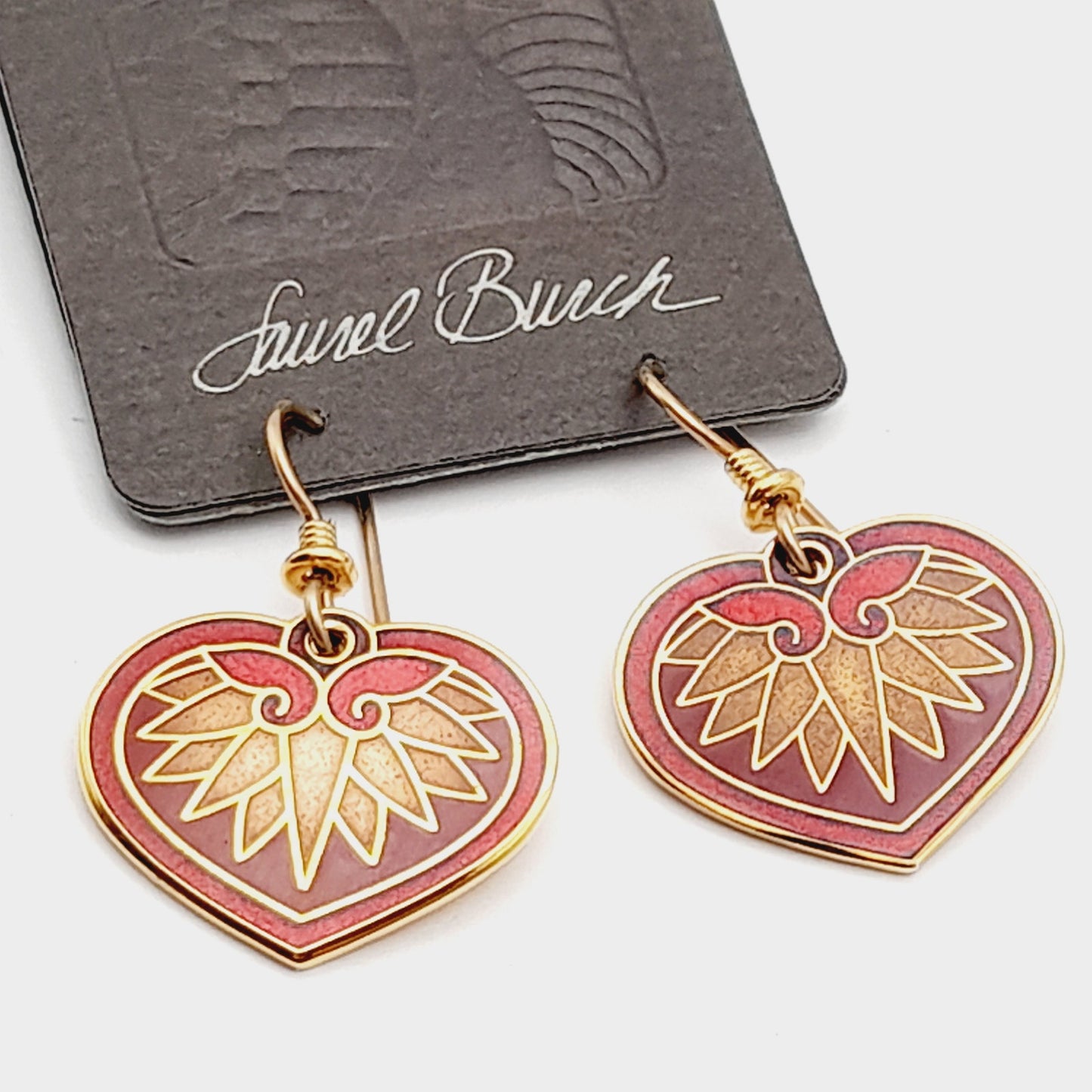 Vintage Laurel Burch Hollyhock Red Enamel Gold Plated 1988 Earrings - On Original Card