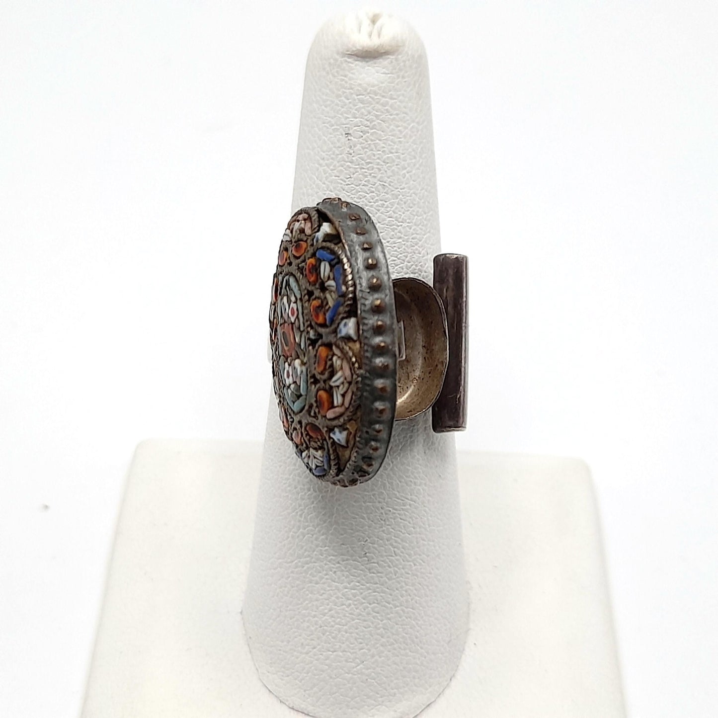 Vintage Micro Mosaic Poison Ring, Stamped Mexico, US Size 7 Adjustable