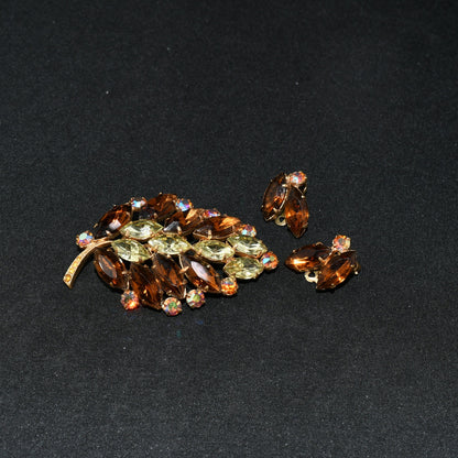 Mid-Century Topaz Jonquil Rhinestone Leaf Brooch Earrings Set, 1960s Vintage Jewelry