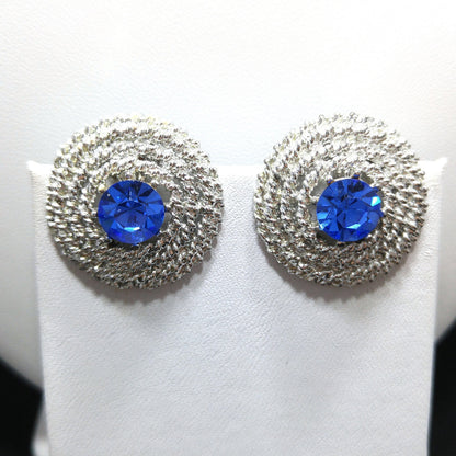 Blue Rhinestone Necklace Clip Earrings, Rhodium Plated Links, 1950s Vintage Jewelry
