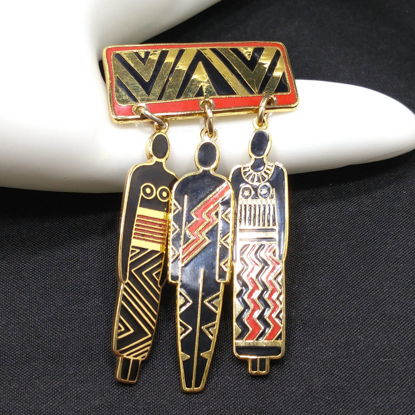 Laurel Burch "Tribal Spirit" Brooch, Dangles "Man Woman Ancestor", 1980s Vintage Jewelry