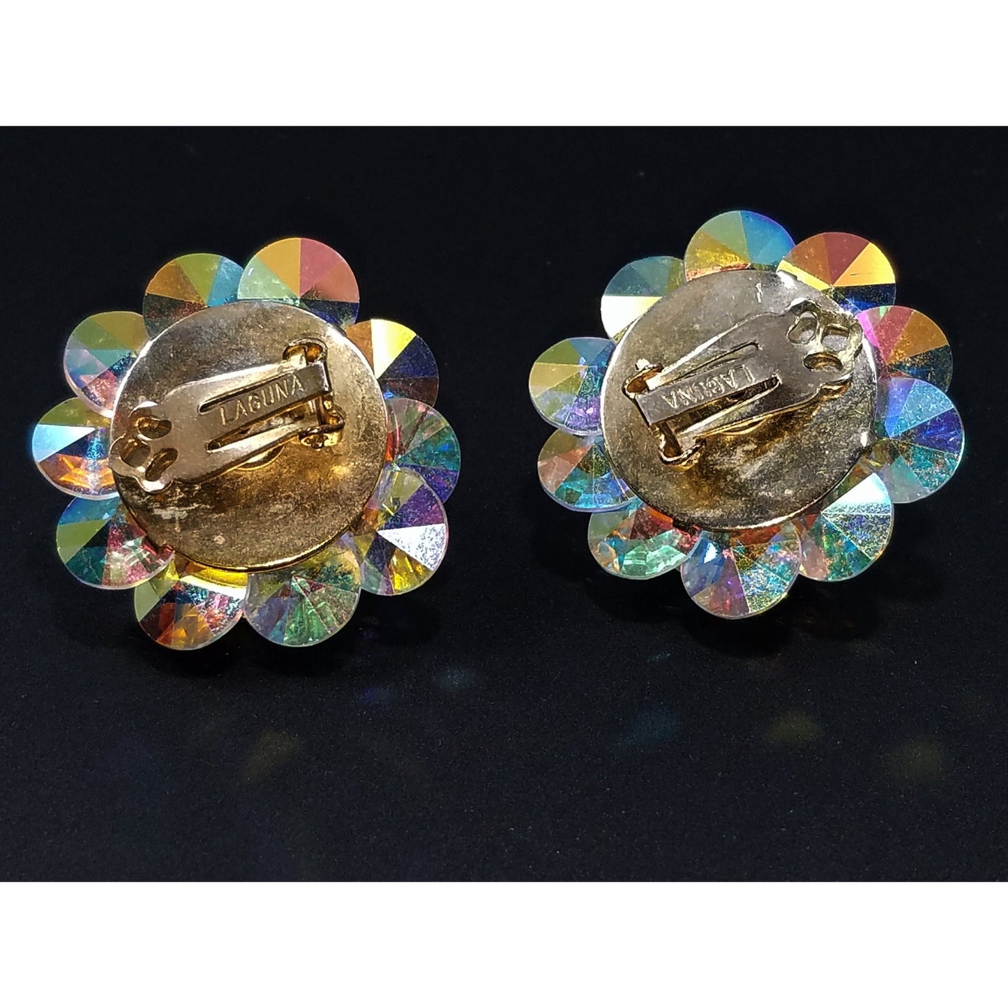 Laguna Aurora Borealis Crystal Earrings, 1950s Clip On Vintage Jewelry