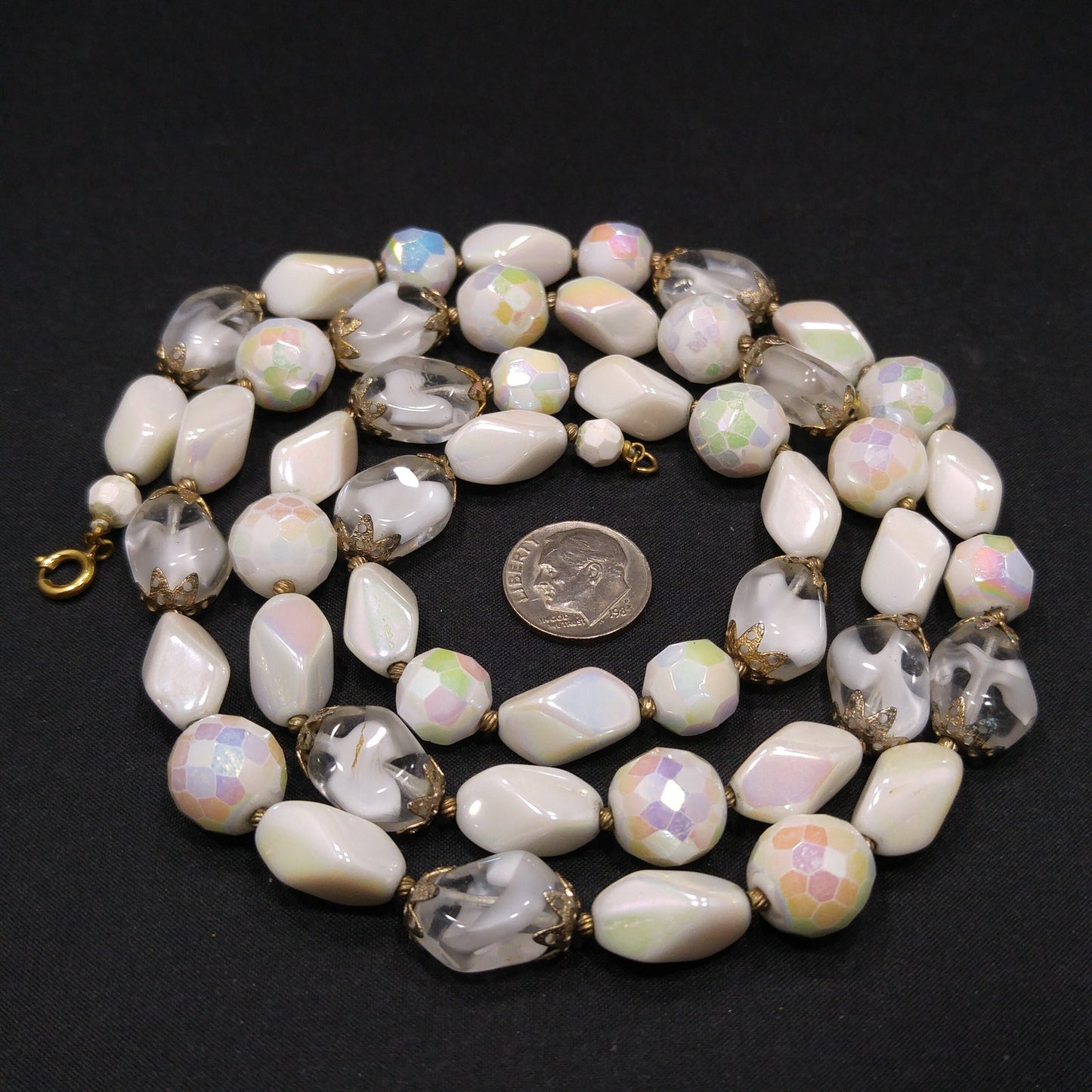 Vintage Czech White Glass Beaded Necklace, Art Glass Beads, 12K GF Clasp, 1950s Vintage Jewelry