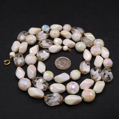 Vintage Czech White Glass Beaded Necklace, Art Glass Beads, 12K GF Clasp, 1950s Vintage Jewelry