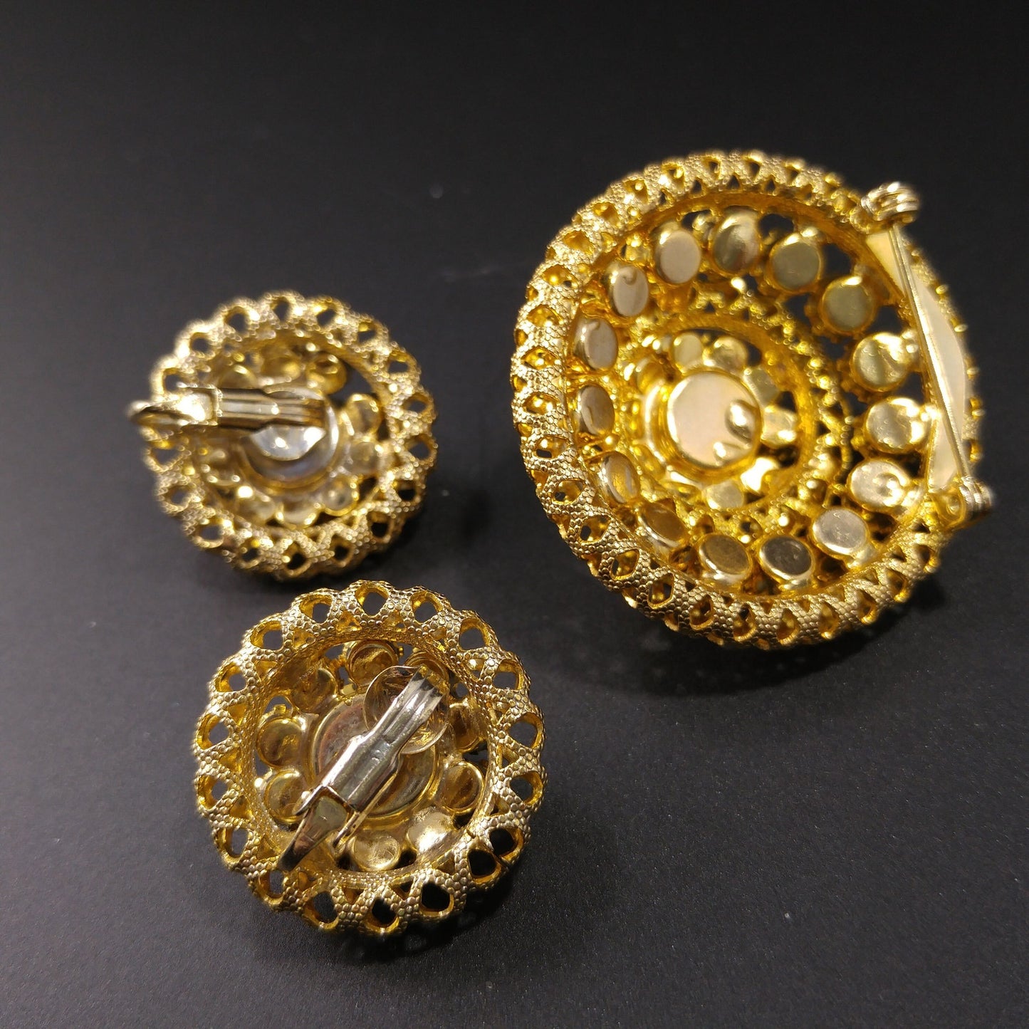 Vintage Austrian Crystal Light Topaz Domed Brooch Earrings Set, Gold Plated 1950s Vintage Jewelry