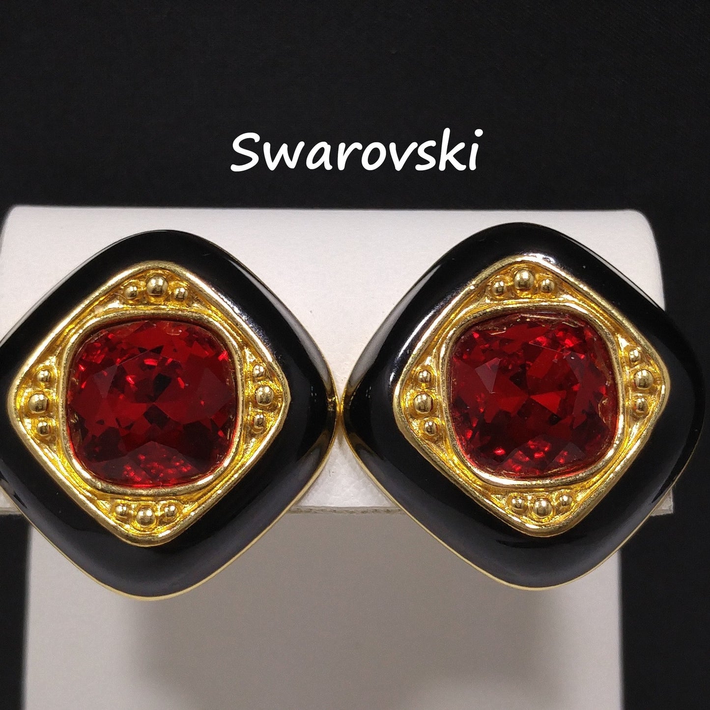 Vintage Swarovski Clip Earrings – Black Enamel & Red Crystal, Gold Plated 1980s