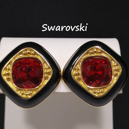 Vintage Swarovski Clip Earrings – Black Enamel & Red Crystal, Gold Plated 1980s