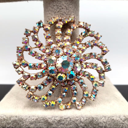 Mid-Century Aurora Borealis Rhinestone Brooch, Gold Plated, 1960s Vintage Jewelry