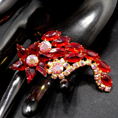 Red Rhinestone Floral Brooch, Juliana Style, 1960s Vintage Jewelry