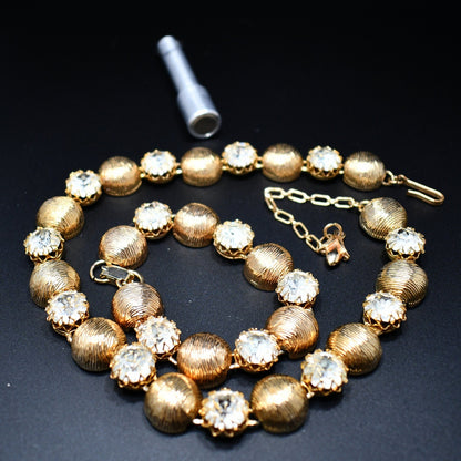 Kramer Necklace & Bracelet Set, Gold Plated, Headlight Diamante Rhinestones, 1960s Vintage Jewelry