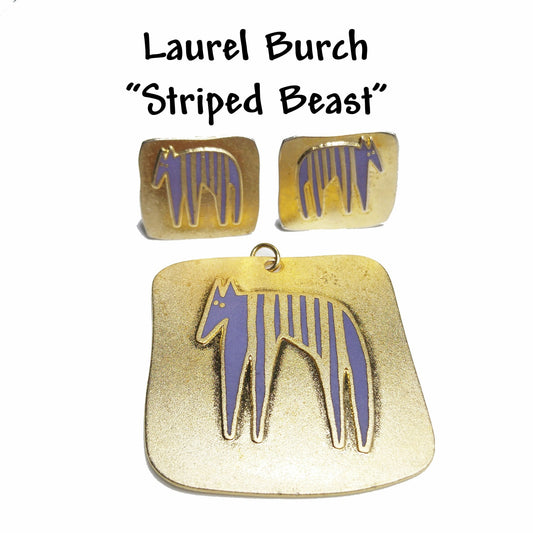Laurel Burch "Striped Beast" Pendant & Earrings, Brass Purple Enamel, 1980s