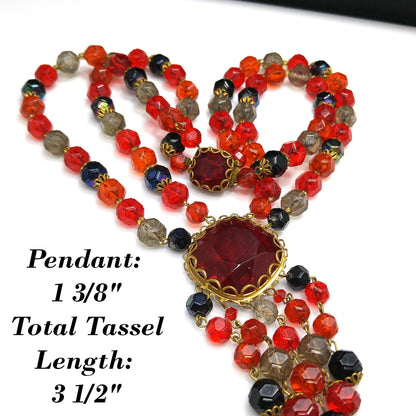 Western Germany Red Glass Pendant Necklace, Lucite Beads, 1950s Vintage Jewelry