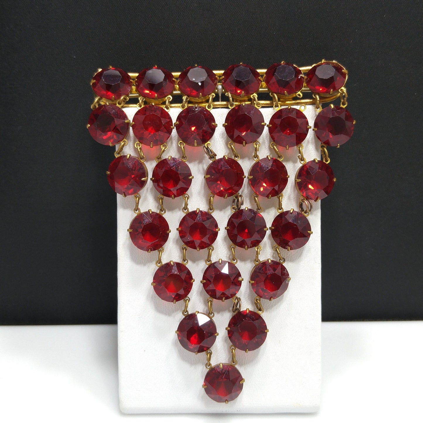 Garnet Red Crystal Rhinestone Hanging Brooch, Large Pointed Back Glass Stones, 1940s Vintage Jewelry