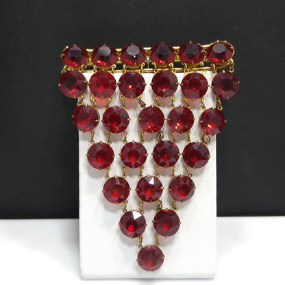 Garnet Red Crystal Rhinestone Hanging Brooch, Large Pointed Back Glass Stones, 1940s Vintage Jewelry