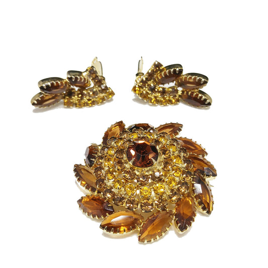 Domed Topaz Rhinestone Brooch & Earrings Set, Gold Plated, 1960s