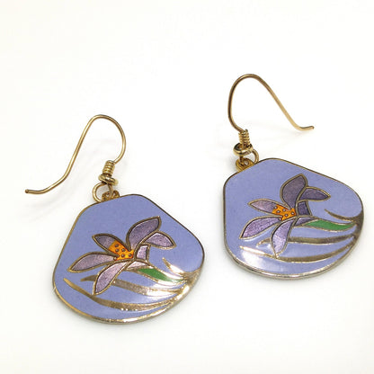 Vintage Laurel Burch Purple Lily Earrings, Cloisonne Enamel, Gold Plated