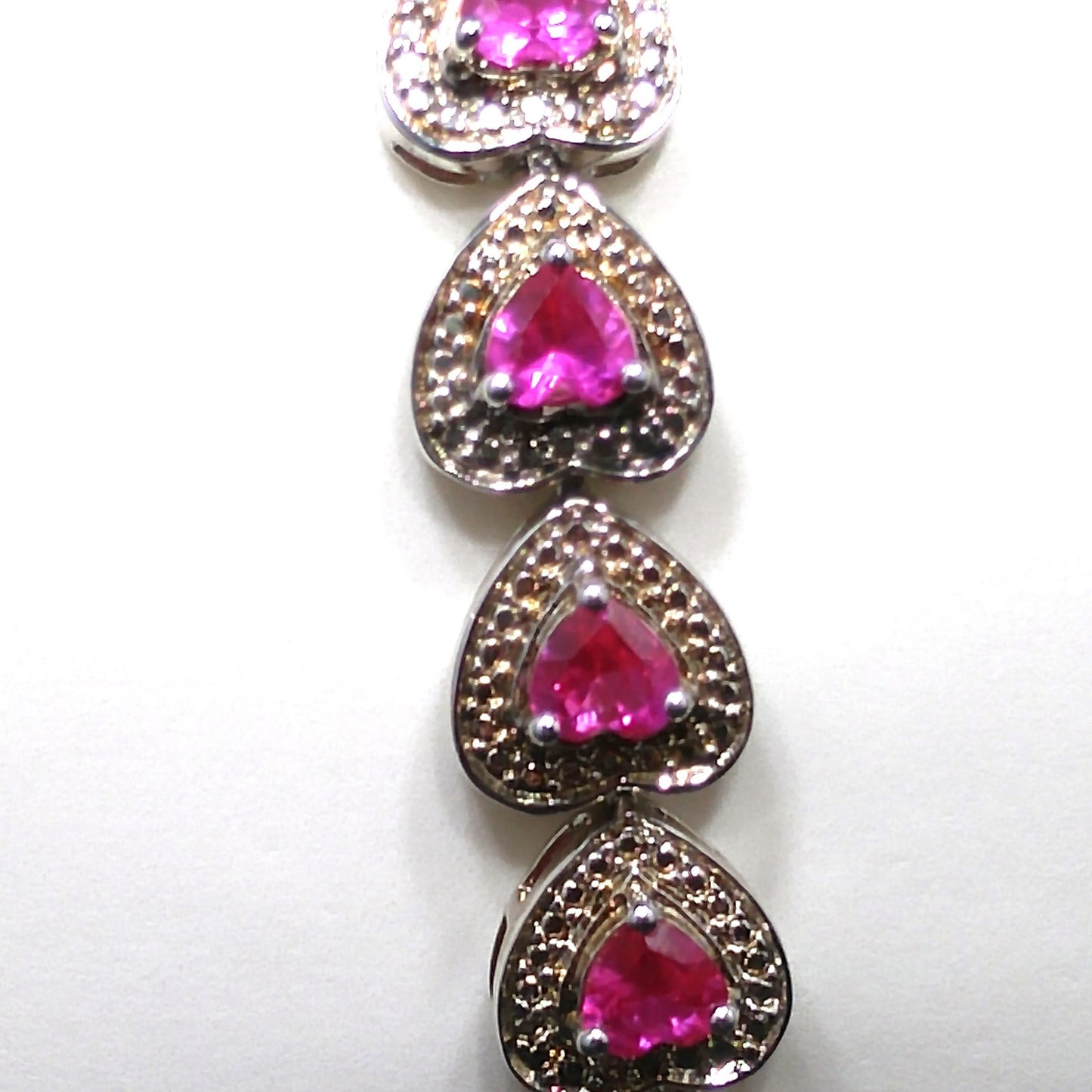 Vintage 925 Silver Ruby Heart Tennis Bracelet Pink Gemstone 7.25” Valentine Gift