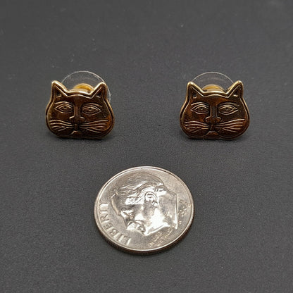 Laurel Burch Cat Face Earrings, Gold Plated Cats, Gold Filled Posts, 1980s