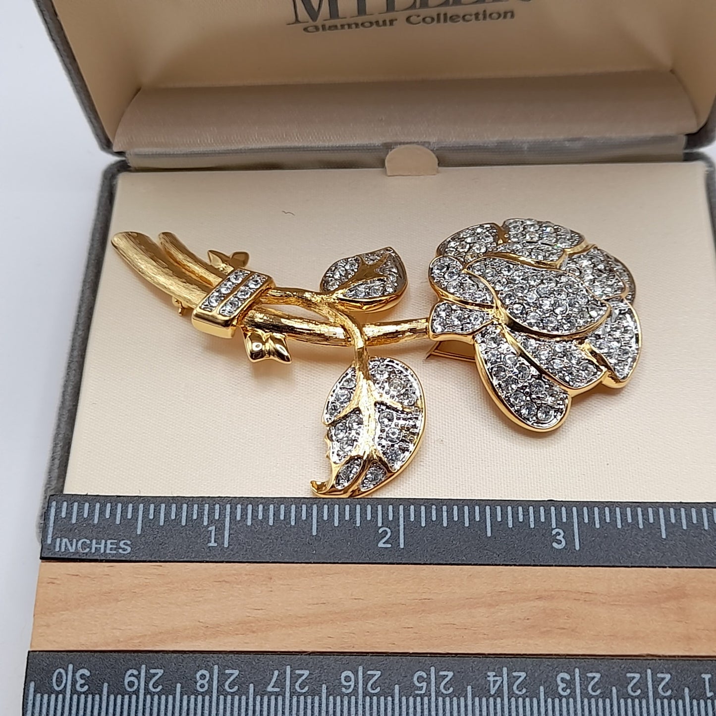 Vintage Nolan Miller Pave Rhinestone Gold Plated Large Brooch, Original Box, Vintage Gift