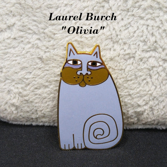 Vintage Laurel Burch "Olivia" Lavender Cat Brooch, Gold Plated, Enamel, 1980s