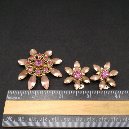 Mid-Century Pink Flower Brooch & Earrings, Frosty Light Pink Cabs, Hot Pink Rhinestones, 1950s Vintage Jewelry
