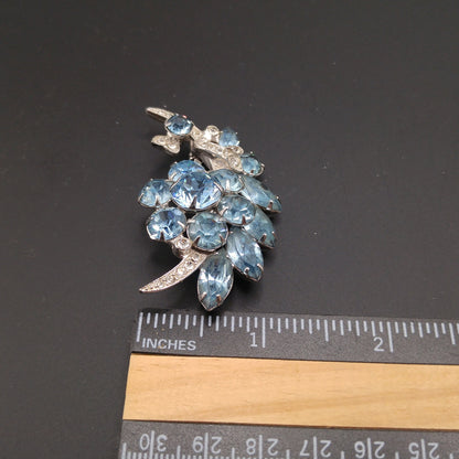 Eisenberg Ice Light Blue Floral Brooch, Rhodium Plated, 1960s Vintage Jewelry