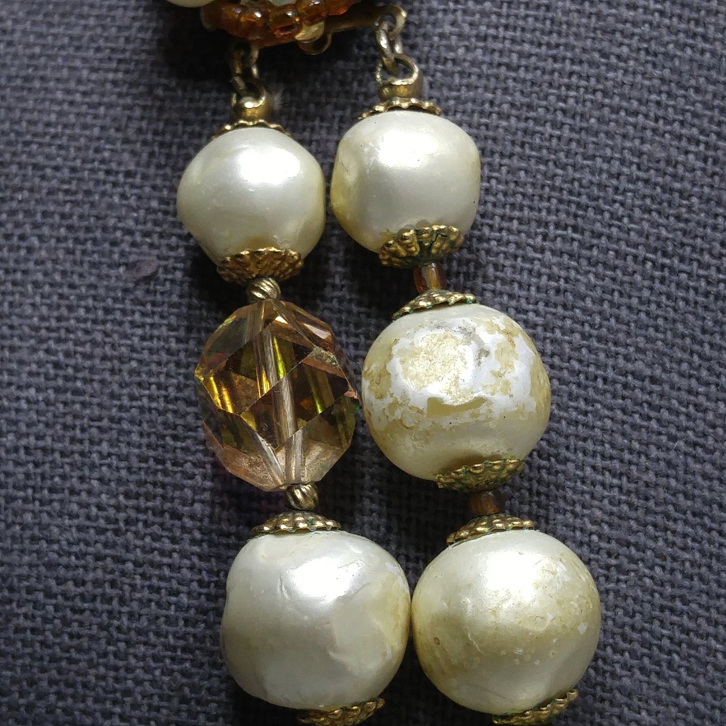 Vintage 1950s Faux Pearl Crystal Necklace Aurora Borealis Double Strand