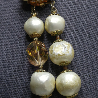 Vintage 1950s Faux Pearl Crystal Necklace Aurora Borealis Double Strand