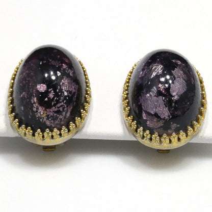 Vintage Carnegie Purple Silver Foil Glass Clip Earrings, Domed Glass, 1950s