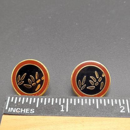 Vintage Laurel Burch Bamboo Post Earrings, Gold Plated, Black Brown Enamel, 1980