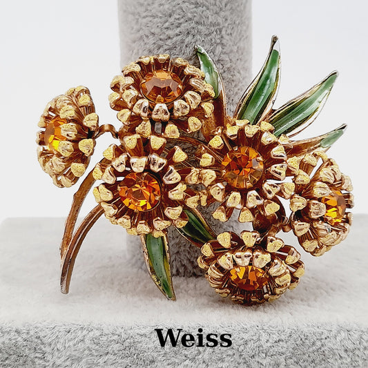 Vintage Weiss Sunflower Brooch, Topaz Rhinestones, Enamel
