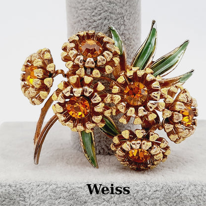 Vintage Weiss Sunflower Brooch Gold Tone Topaz Rhinestones Enamel 1950s