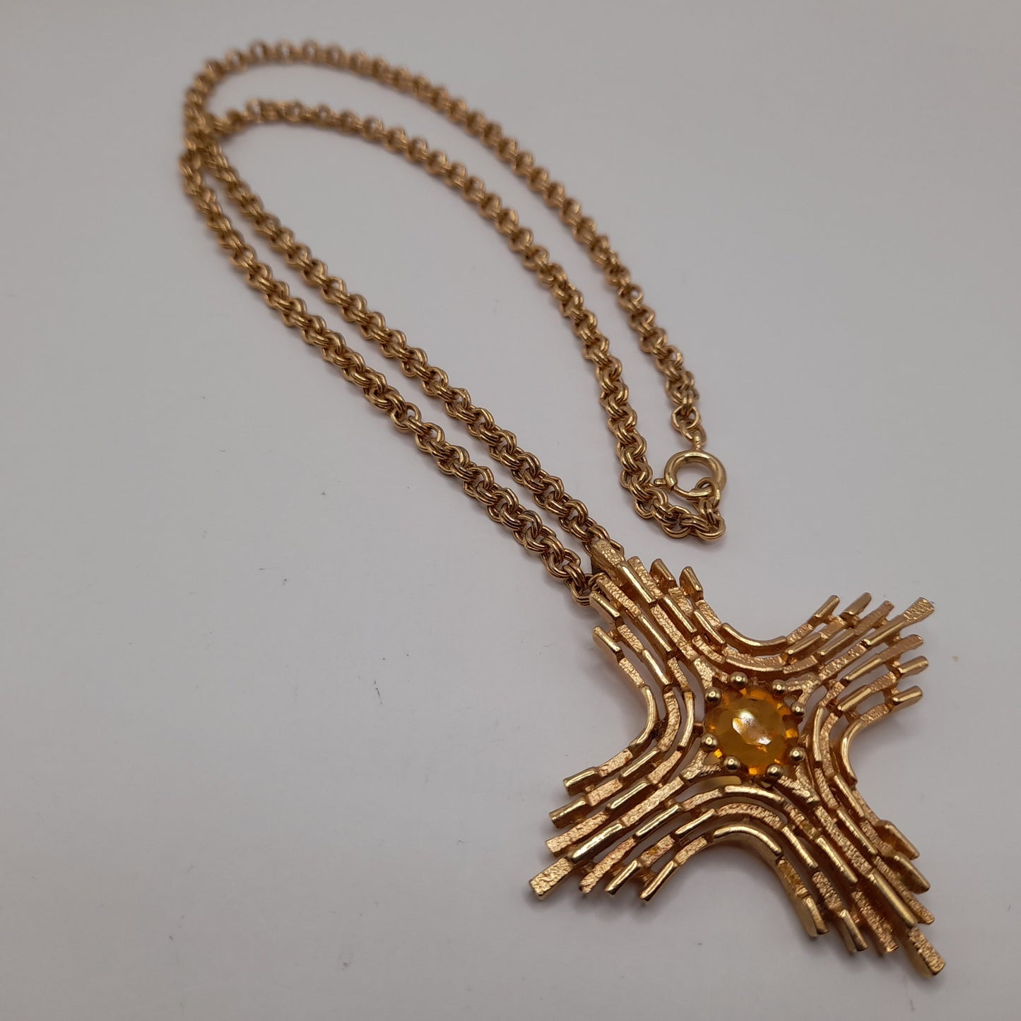 Vintage Sarah Coventry 1970s Yellow Rhinestone Cross Pendant Necklace