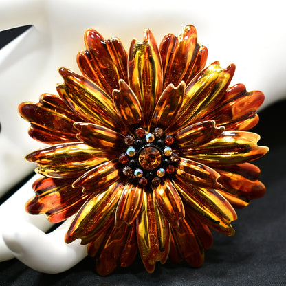 Joan Rivers Orange Gold Plated Floral Brooch, Rhinestone Center, 1990s
